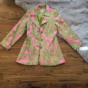 3 Sisters pink and green coat with green buttons